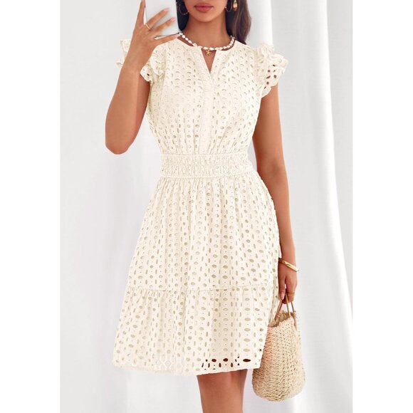 Women's Beige V Neck Eyelet Cap Sleeve Summer Beach Vacation Sundresseses - Picture 6 of 8